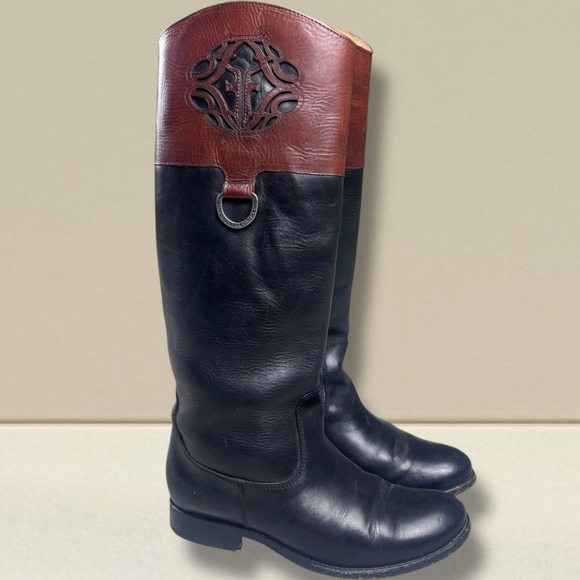 Frye Melissa Logo Black & Brown Leather‎ Knee High Boots 76436 Women's 6.5 B